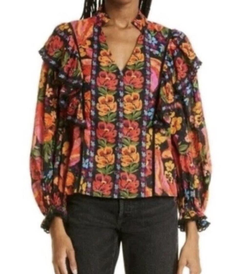 Farm Rio Spring Bananas Red Floral Ruffle Multicolor Top Blouse S Button Up
